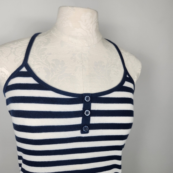 Y2K Vintage Old Navy White Stripped Thin Strap Henley Ribbed Tank Top Size M - Picture 2 of 10